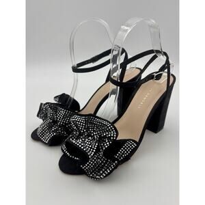 Loeffler Randall Ruffle Sandal Heels Black Moire Rhinestone Size 8 B